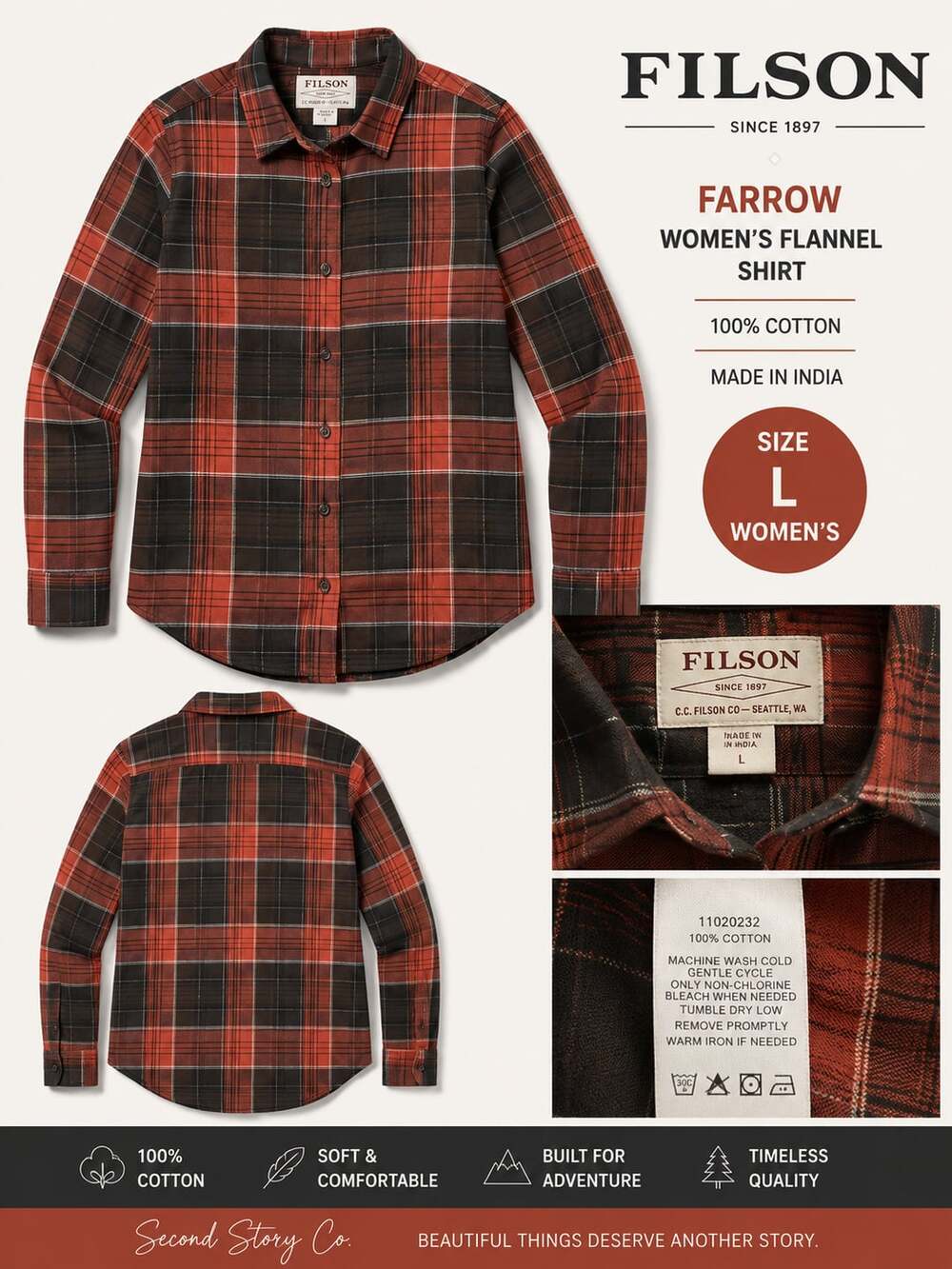 Filson Farrow Women's Plaid Flannel Shirt Red Grey Size L